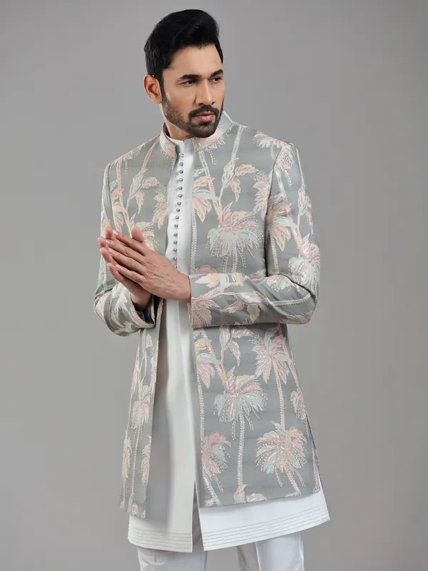 Elegant grey silk jacket style indowestern with stunning sequins