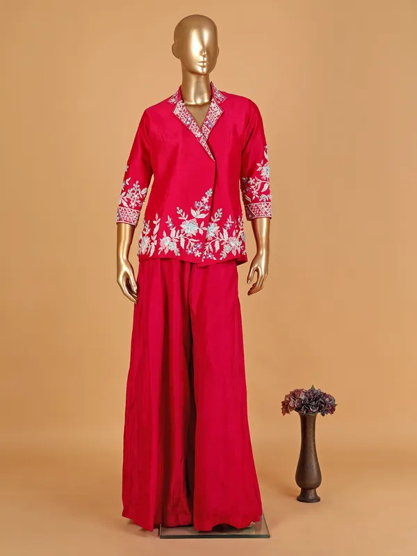 Elegant magenta raw silk palazzo suit