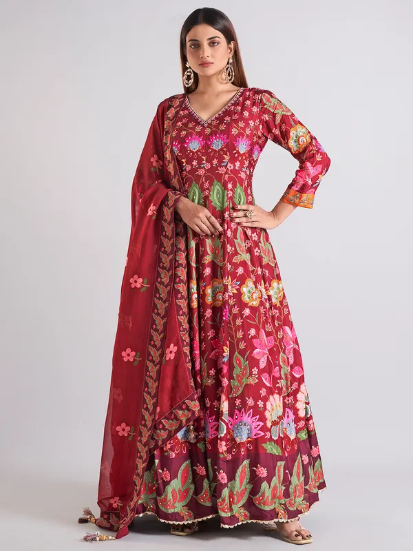 Elegant maroon cotton silk anarkali salwar suit