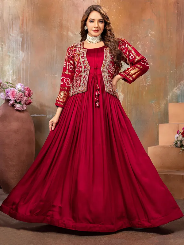 Elegant maroon satin anarkali suit