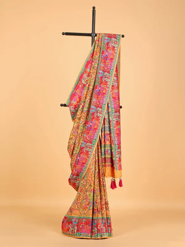 Elegant musterd yellow printed saree