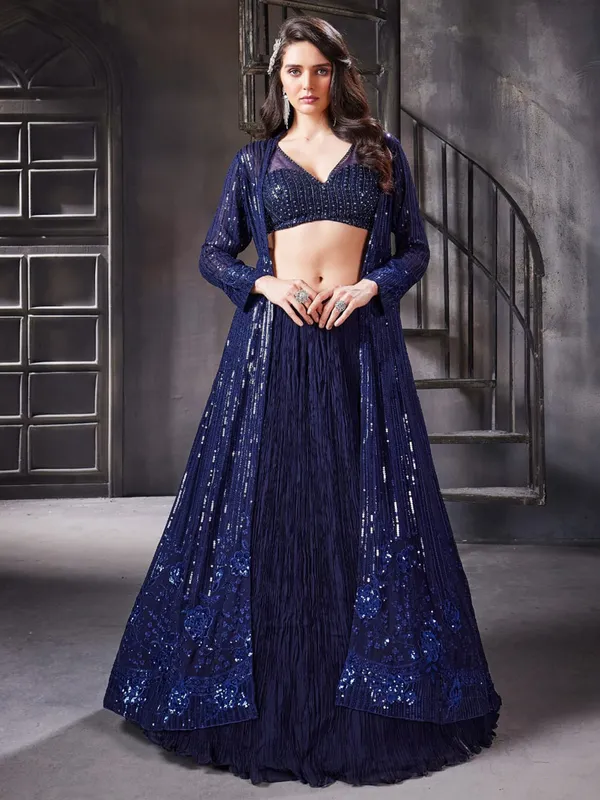 Elegant navy silk jacket style lehenga choli