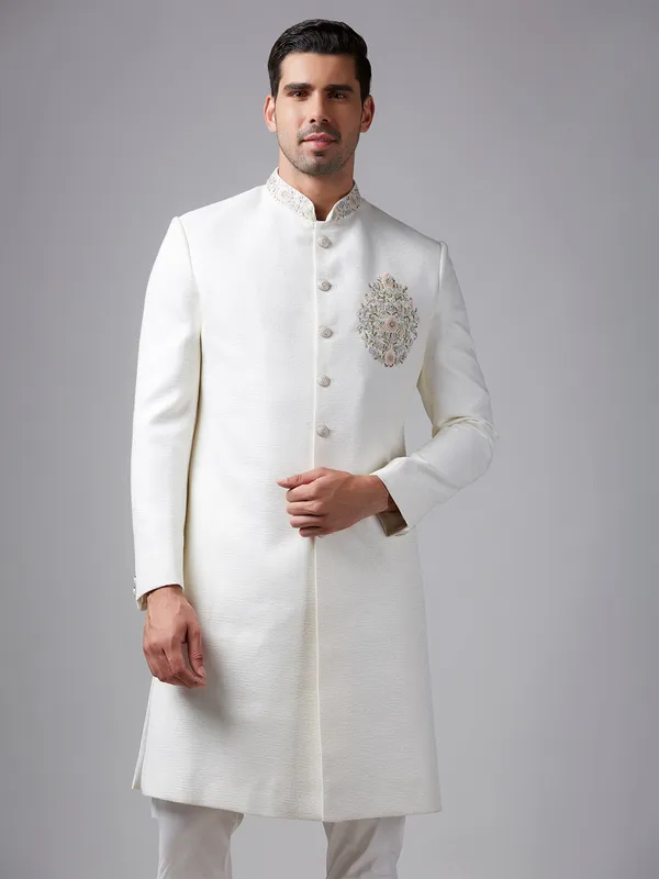 Elegant off-white raw silk indowestern