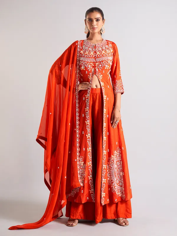 Elegant orange raw silk palazzo salwar suit