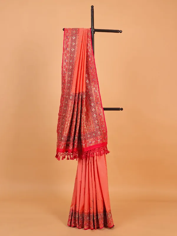 Elegant Peach art silk saree with unstitched blouse