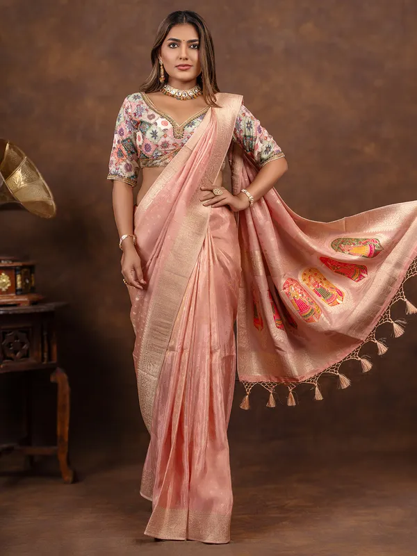 Elegant peach dola silk saree