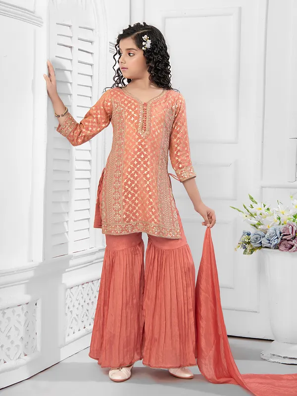 Elegant peach silk festive style sharara suit
