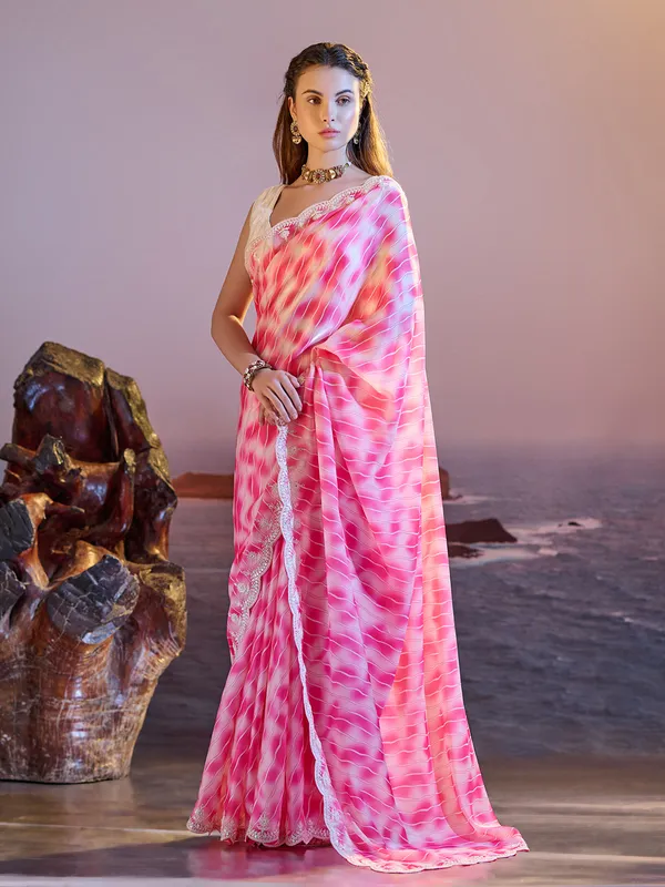 Elegant pink printed satin saree