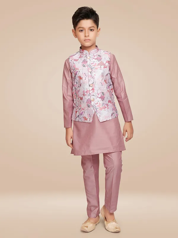 Elegant pink silk printed waistcoat set