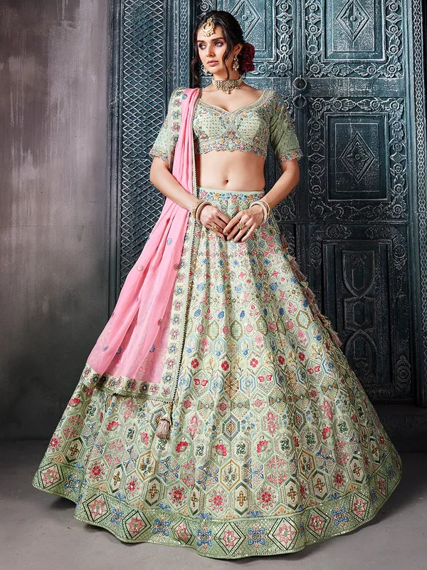 Elegant pista green raw silk lehenga choli