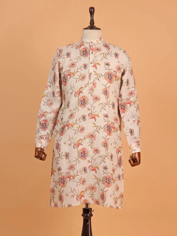 Elegant printed beige cotton kurta for men