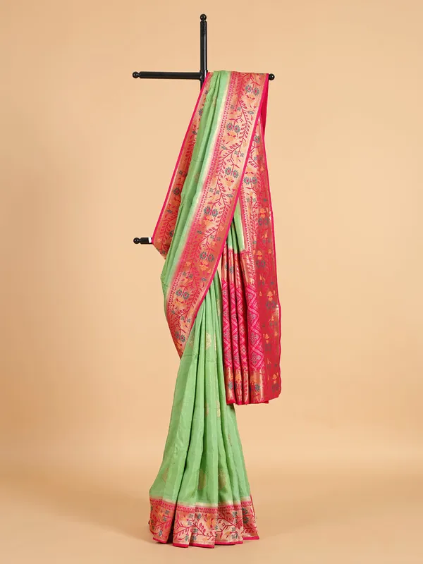 Elegant printed pista green silk saree