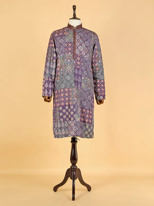 Elegant purple printed silk kurta suit