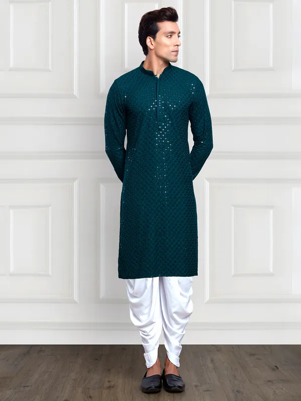 Elegant rama green embroidery kurta suit