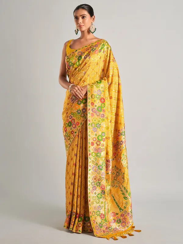 Silk mustard yellow bandhani print saree