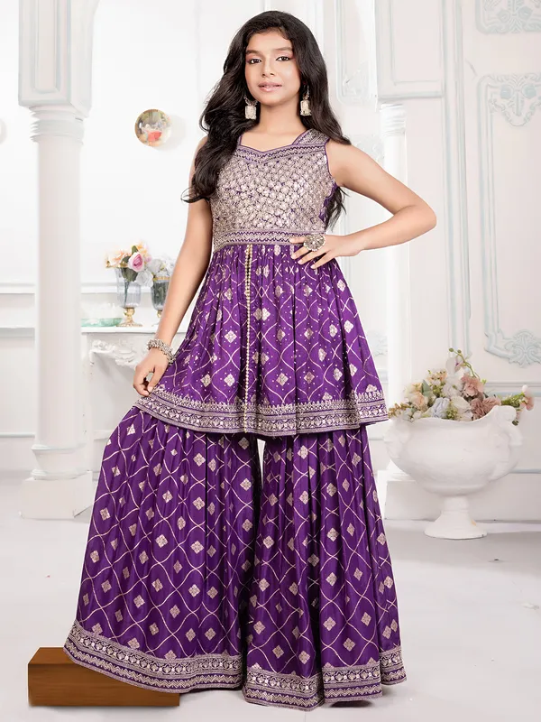 Elegant silk sarara purple salwar suit in zari