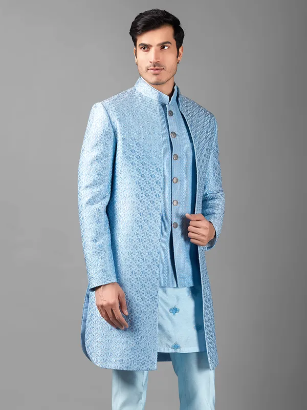 Elegant sky blue indowestern in silk