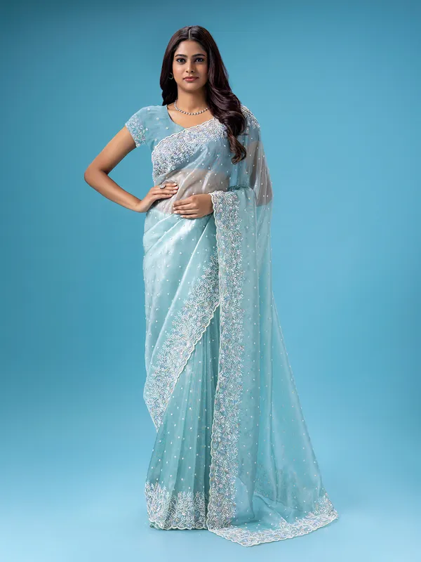 Elegant sky blue organza saree