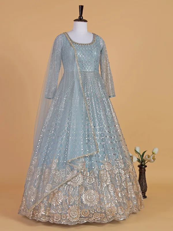 Elegant sky blue silk anarkali full sleeve suit