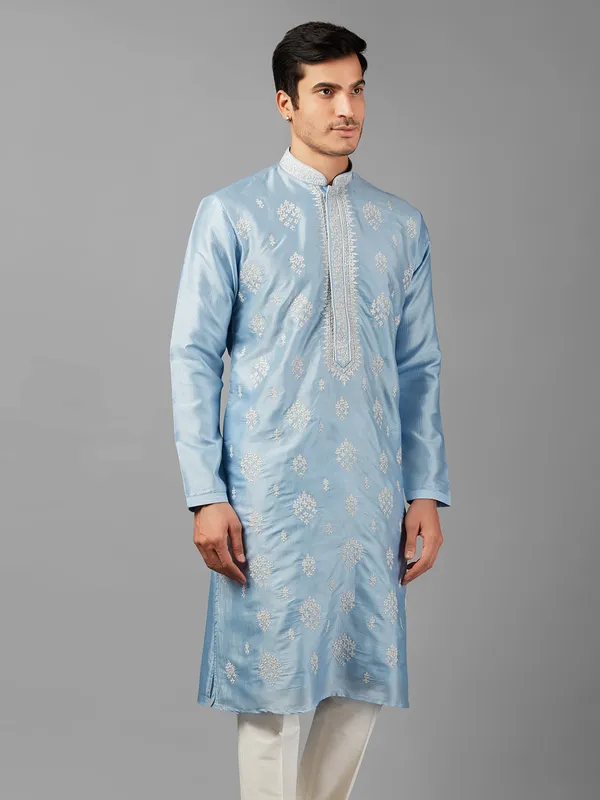Elegant sky blue silk  Men Kurta pajama