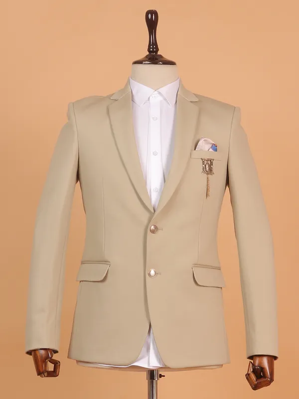 Elegant solid beige terry rayon blazer for mens