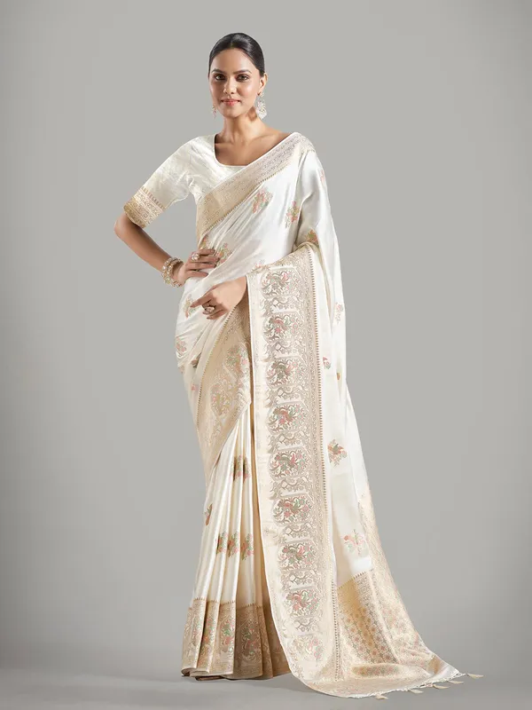 Elegant white banarasi silk saree for festive