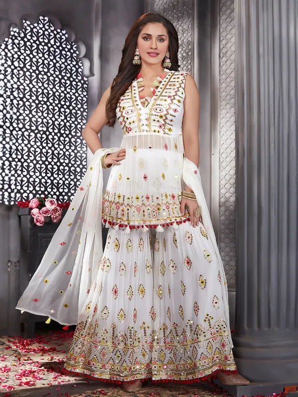 Elegant white georgette sharara suit