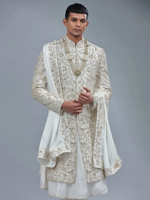 Elegant white peshwai raw silk sherwani