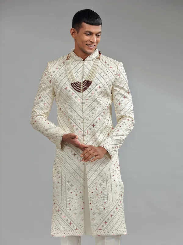 Elegant white silk sherwani with bottom