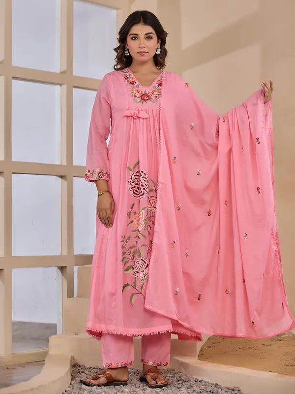 Embroidered elegance pink cotton silk kurti set