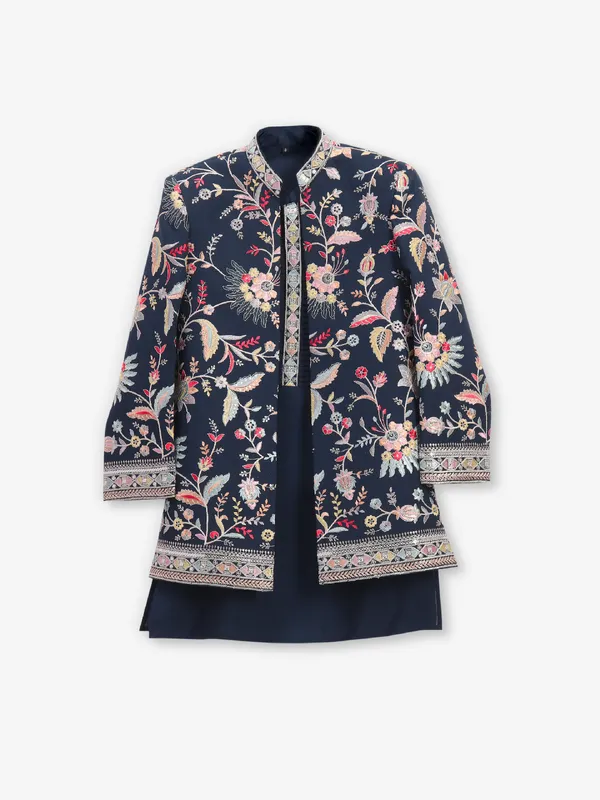 Embroidered navy cotton silk indowestern for boys