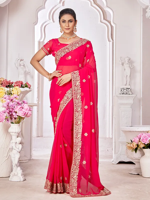 Embroidery magenta georgette saree