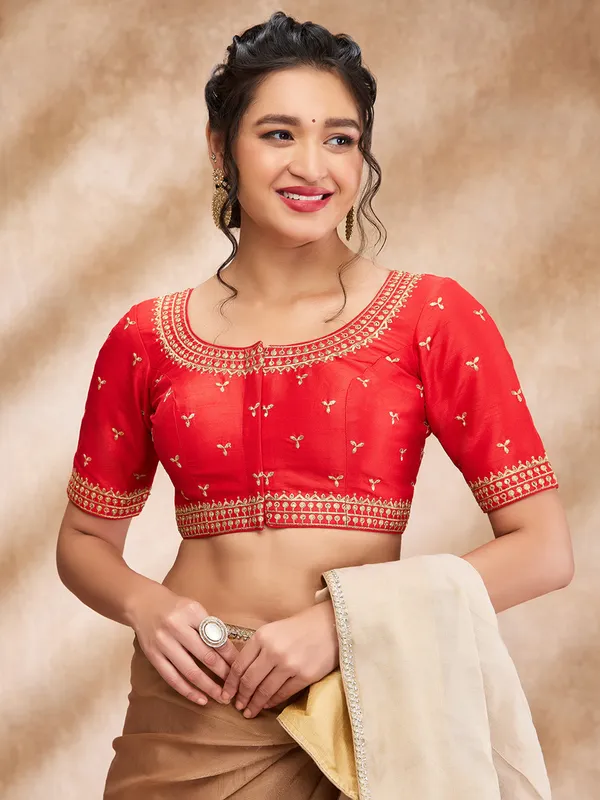 Embroidery red silk blouse