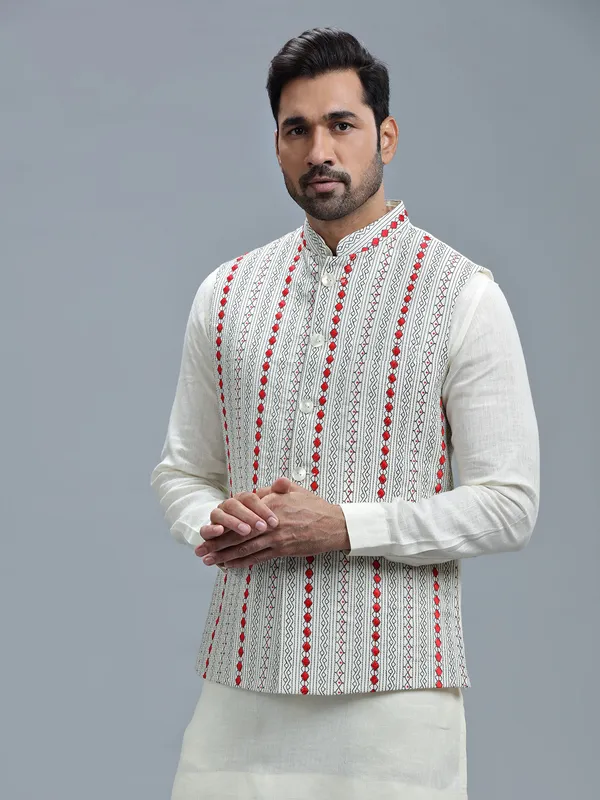 Embroidery white linen waistcoat set