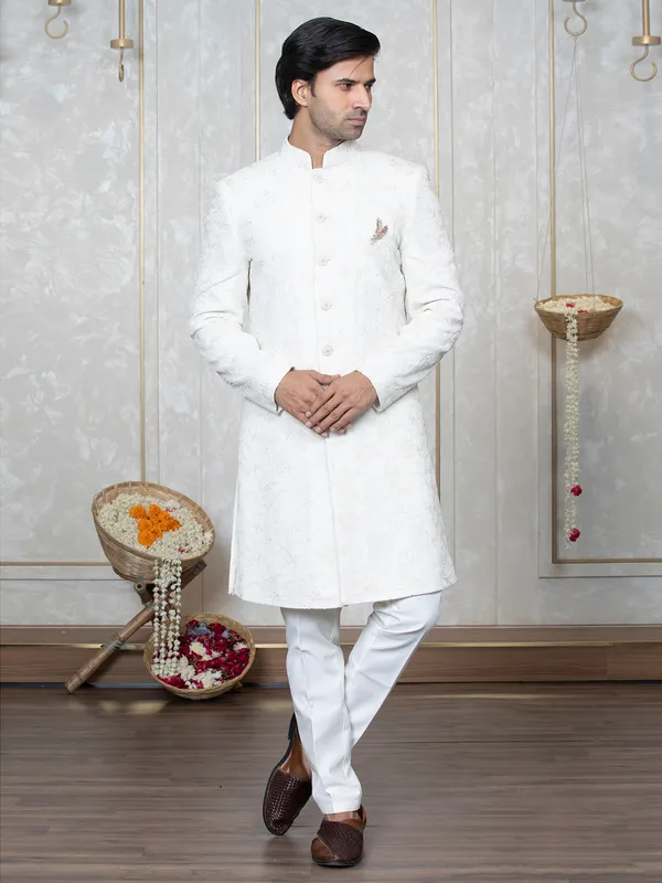 Embroidery white silk indowestern