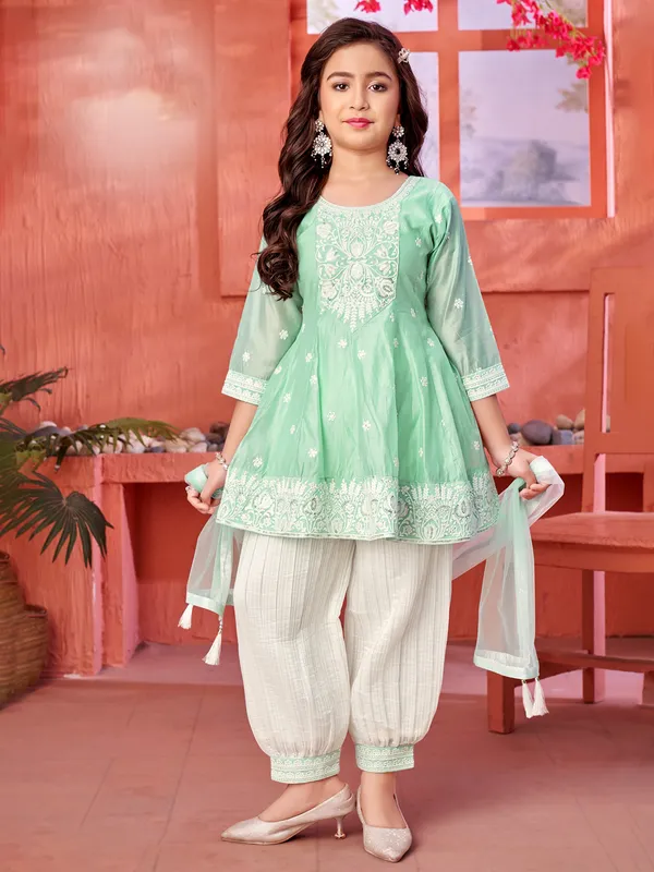 Embroidery worked silk mint green salwar suit