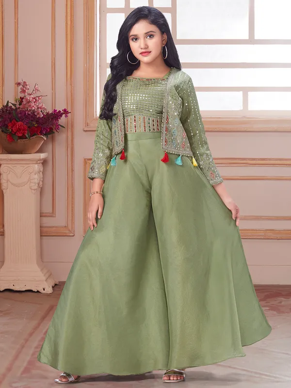 Enchanting olive silk palazzo salwar suit with jacket