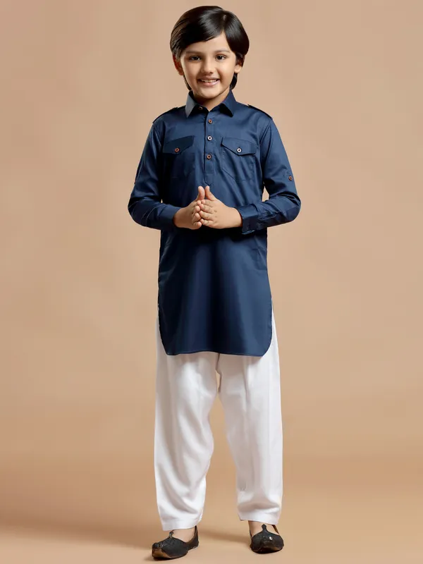 Royal blue plain cotton silk pathani suit