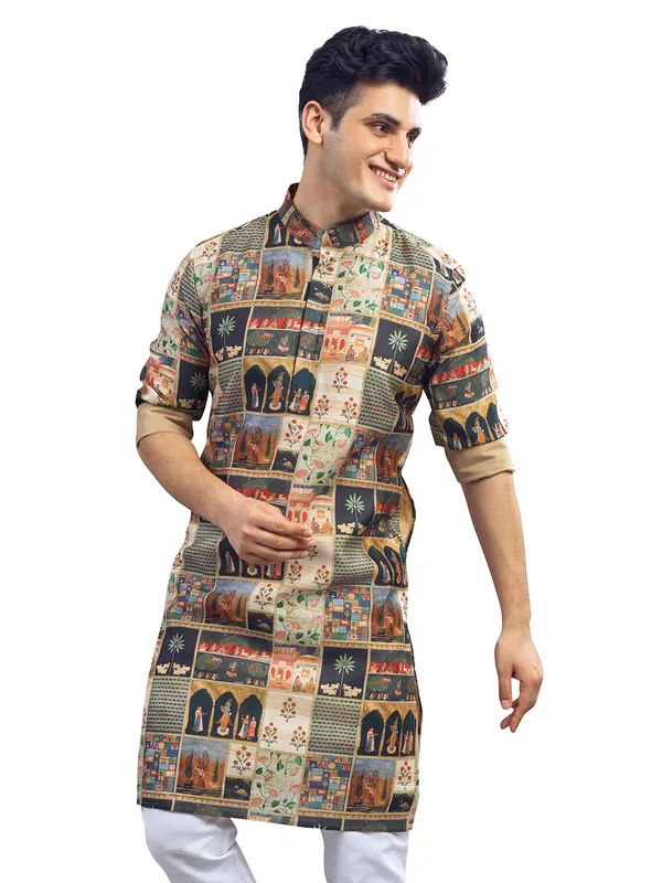 Ethnic glace multi colour printed kurta for men
