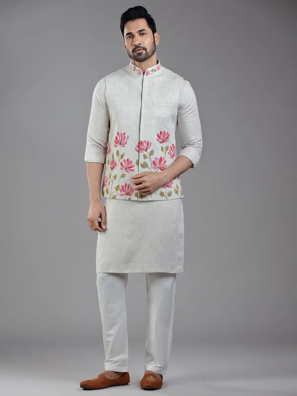 Ethnic glance light beige waistcoat set in silk