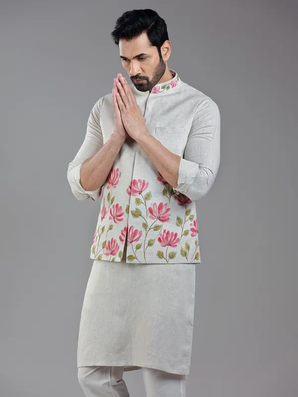 Ethnic glance light beige waistcoat set in linen