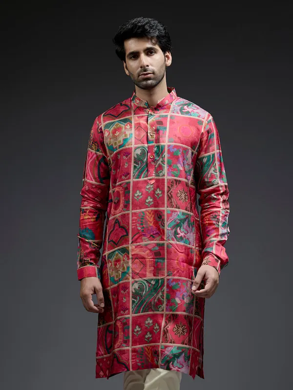 Ethnic printed dark pink silk kurta suit