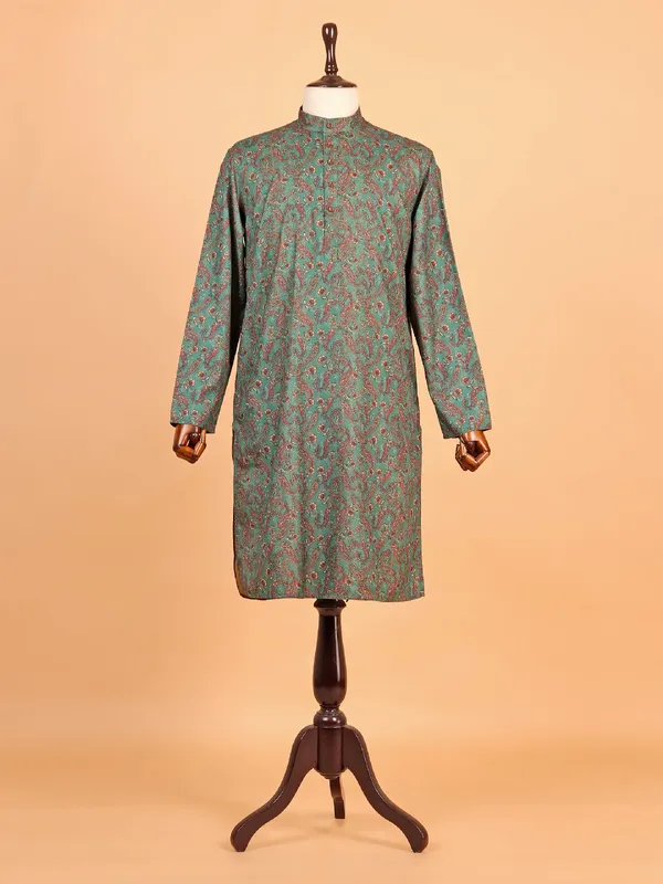 Ethnic printed green cotton kurta suit for men