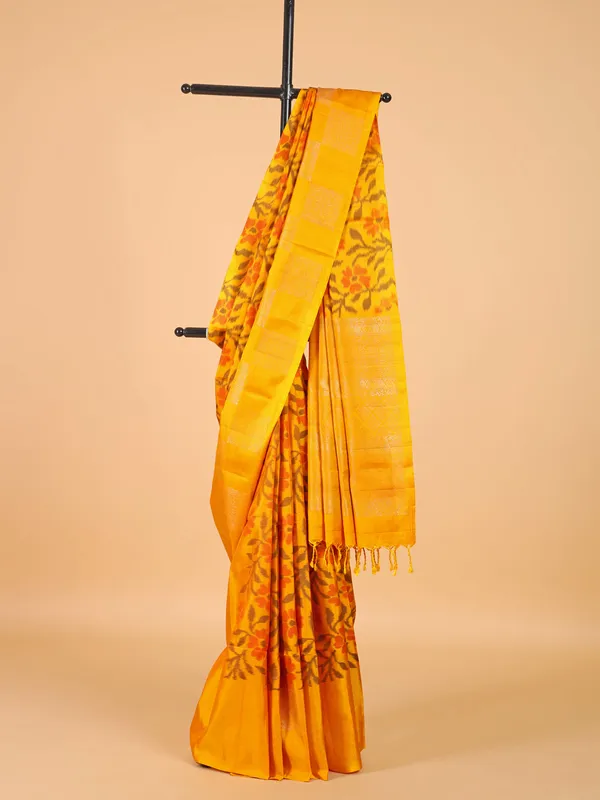 Ethnic saffron yellow silk printed saree