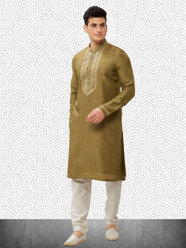 Evergreen olive cotton silk kurta set for men