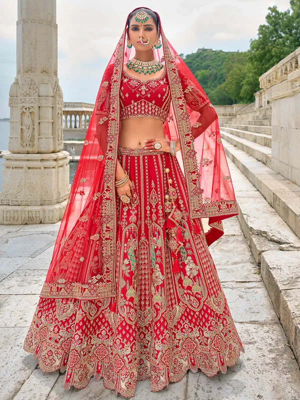 Exclusive red silk unstitched lehenga choli for wedding