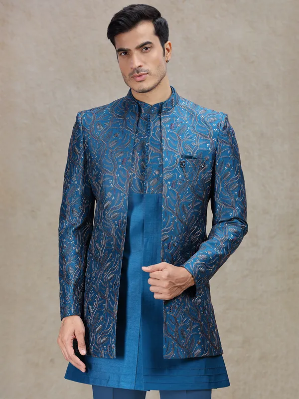 Exquisite rama blue indowestern with rich work