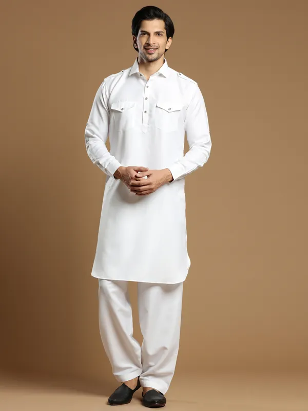 Extraordinary white plain cotton silk pathani suit