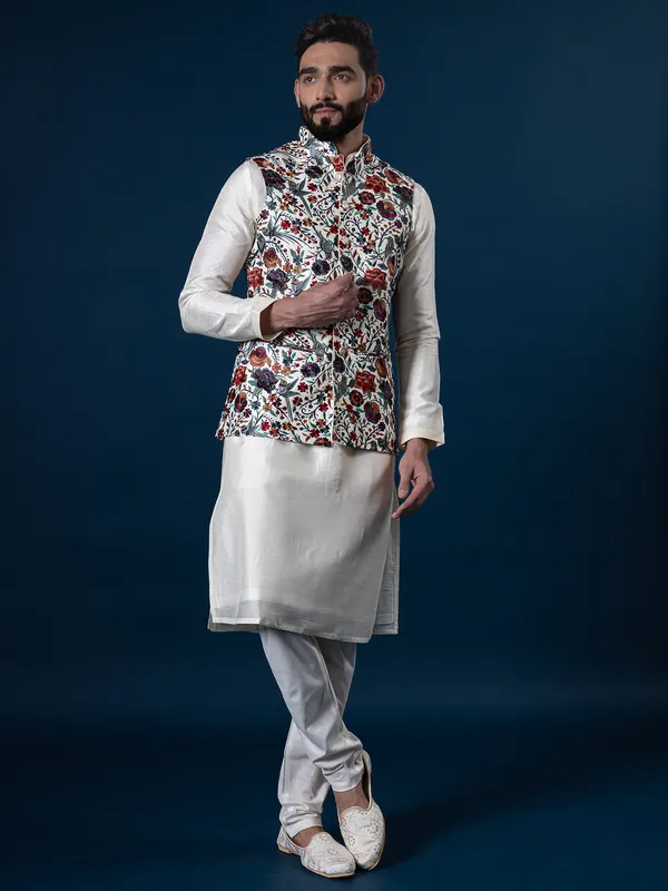 Extreme charming white raw silk waistcoat set for men