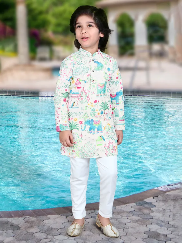 Eye catching off-white cotton silk boys kurta set with abstract print